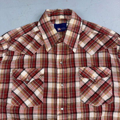 Vintage Panhandle 80s Western Shirt Pearl Snap Buttons Plaid Mens L 16.5 USA