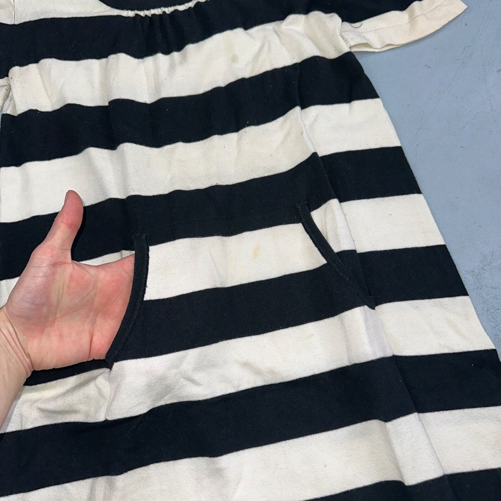 Black White Striped Midi Sweater Dress Round Neck Vintage Y2K Cool Pocket Front