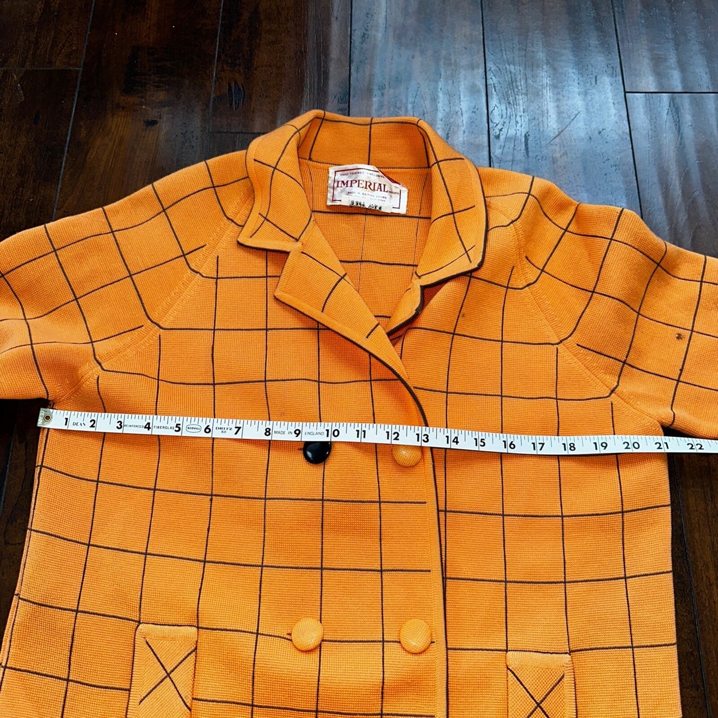 VTG 100% Wool Imperial Long Check Overcoat Womens Orange Rockabilly 1960s 70s