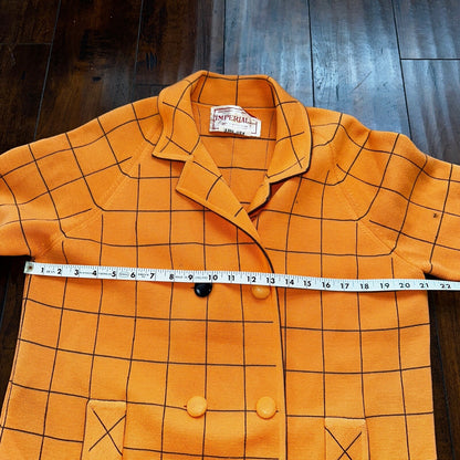 VTG 100% Wool Imperial Long Check Overcoat Womens Orange Rockabilly 1960s 70s