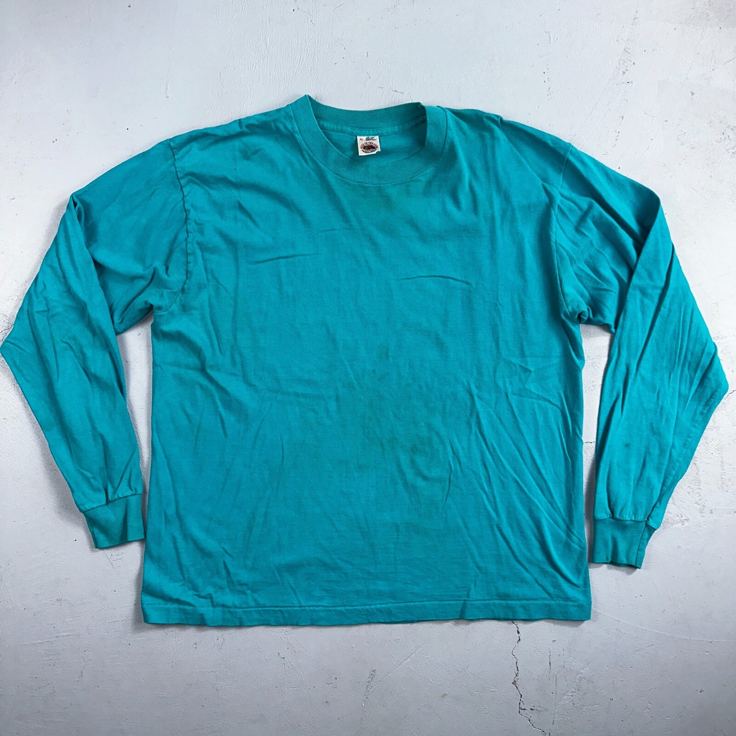 Fruit Of The Loom 90s USA XL VTG T Shirt Teal Blue Long Sleeve Blank Thrashed