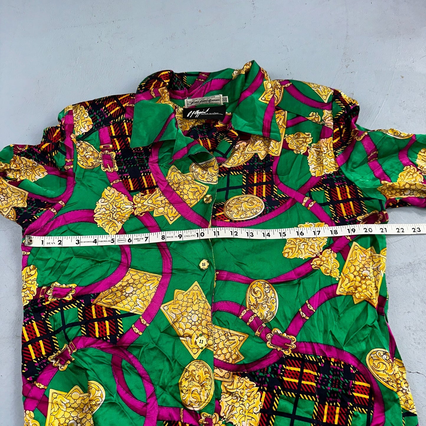 Peter Nygard Shirt Womens 12 Gold Green Silk Abstract VTG 80s Saks Fifth Avenue