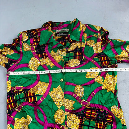 Peter Nygard Shirt Womens 12 Gold Green Silk Abstract VTG 80s Saks Fifth Avenue