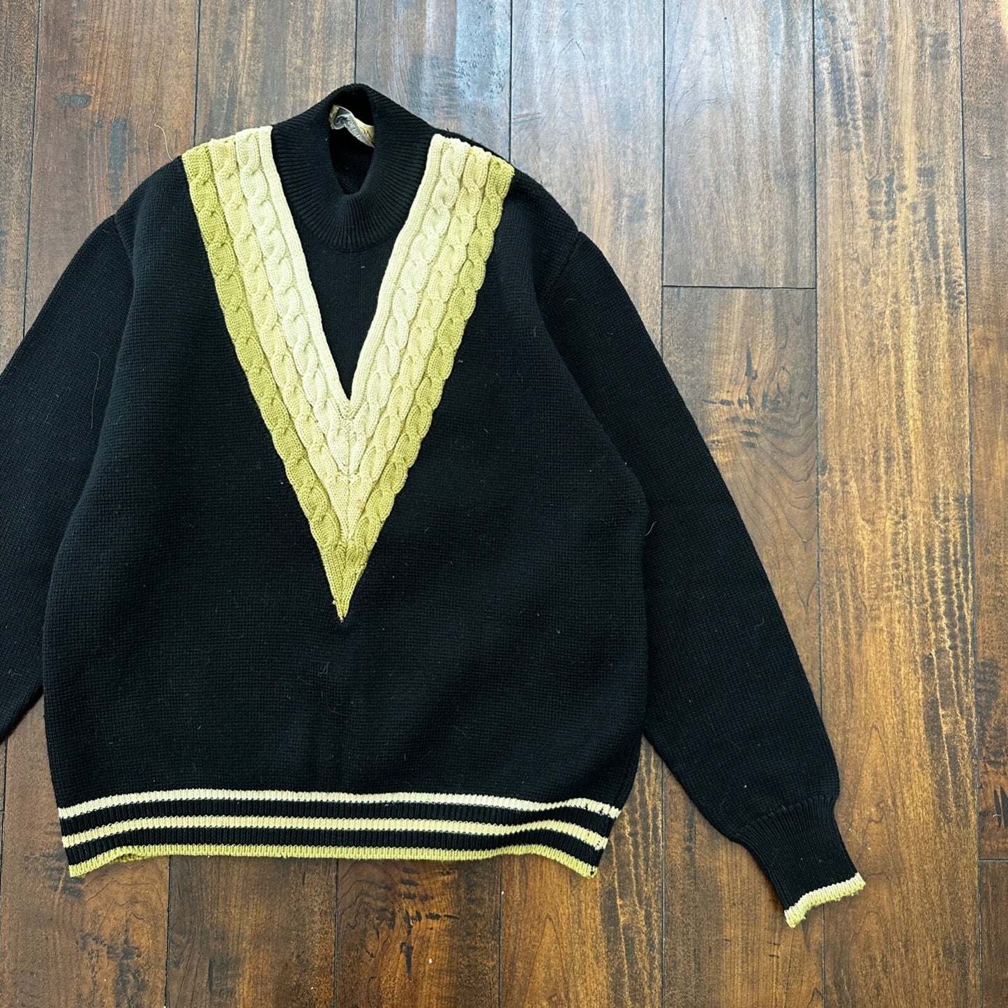 VTG Damon Sweater Mens L Black Gold Neck Wool Italy True 60s 70s RARE Stripe