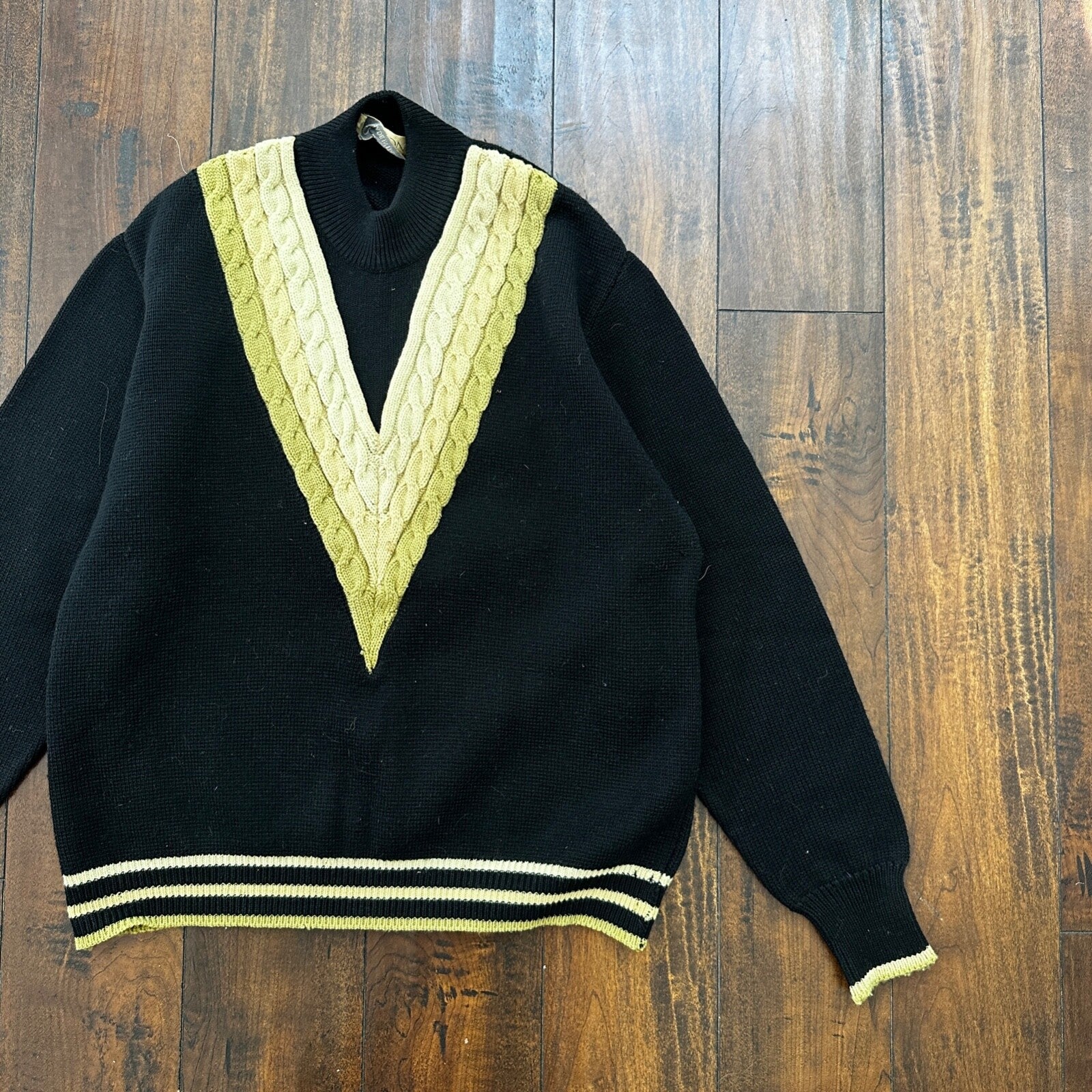 VTG Damon Sweater Mens L Black Gold Neck Wool Italy True 60s 70s RARE Stripe