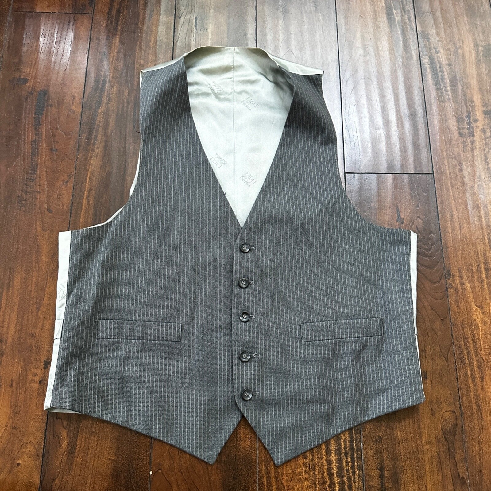 Vtg USA Eagles Pinstripe Mens Gray Wool 3 Pc Suit 42 Vest 33x30 1980s Vest