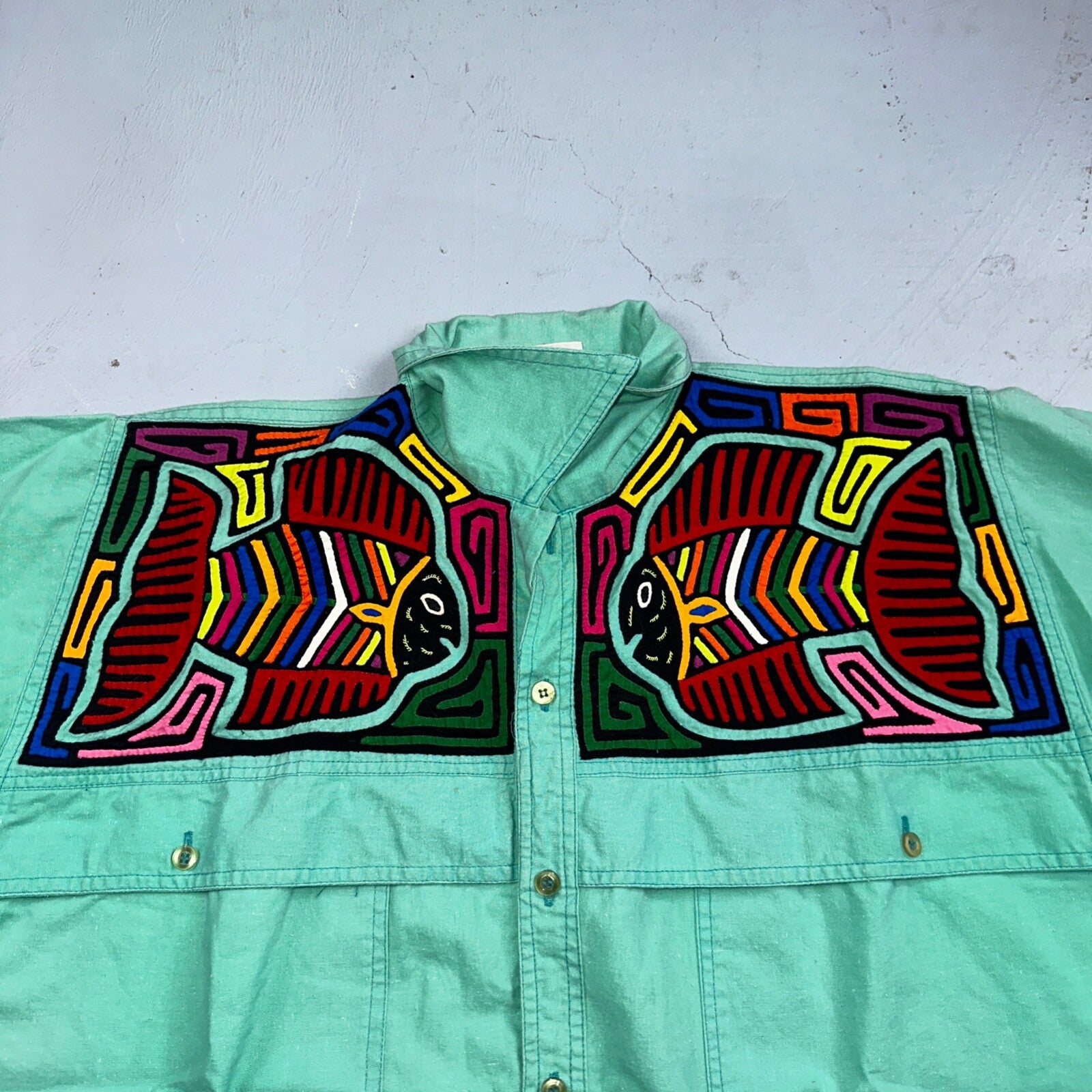 Chacal Tropical VTG Fish Short Sleeve Button Up Shirt L Green Hawaiian USA 80s