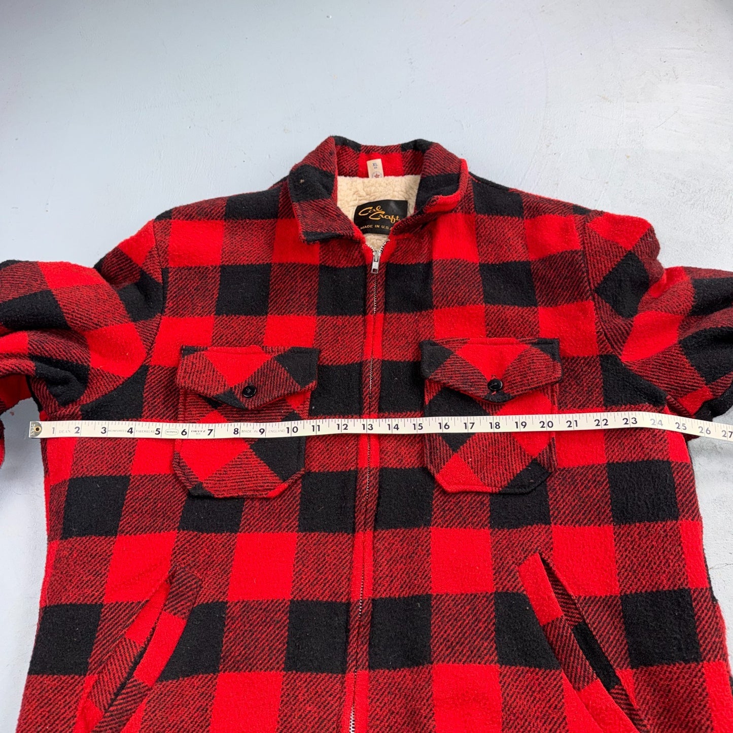 Vtg 80s CAL CRAFT USA Men’s L Red Black Buffalo Plaid Wool Sherpa Hunting Jacket