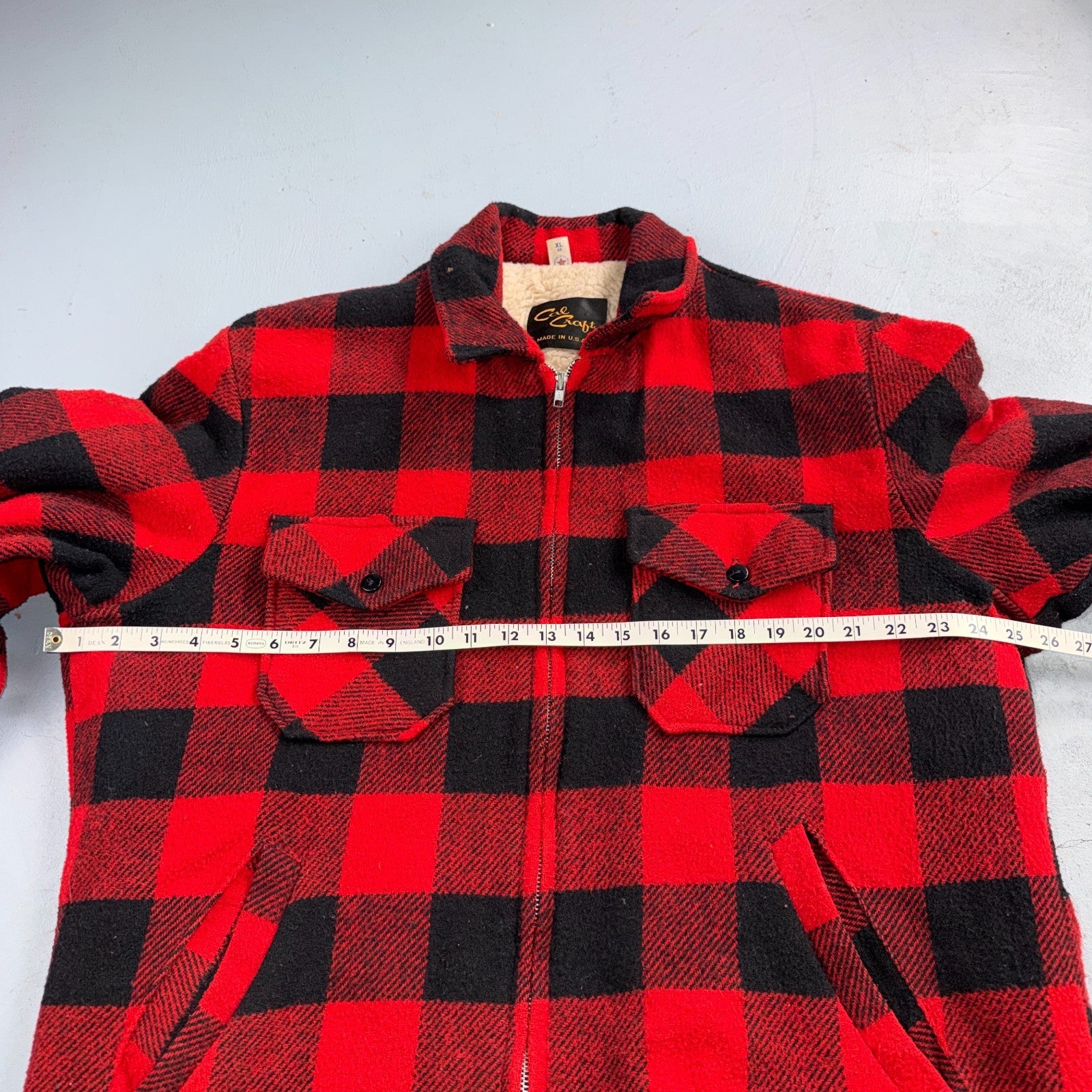 Vtg 80s CAL CRAFT USA Men’s L Red Black Buffalo Plaid Wool Sherpa Hunting Jacket