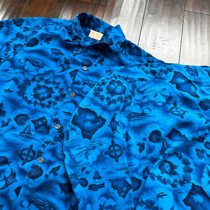Ui-Maikai Vintage 1960s Barkcloth Blue Hibiscus Dress And Shirt Rockabilly Rare