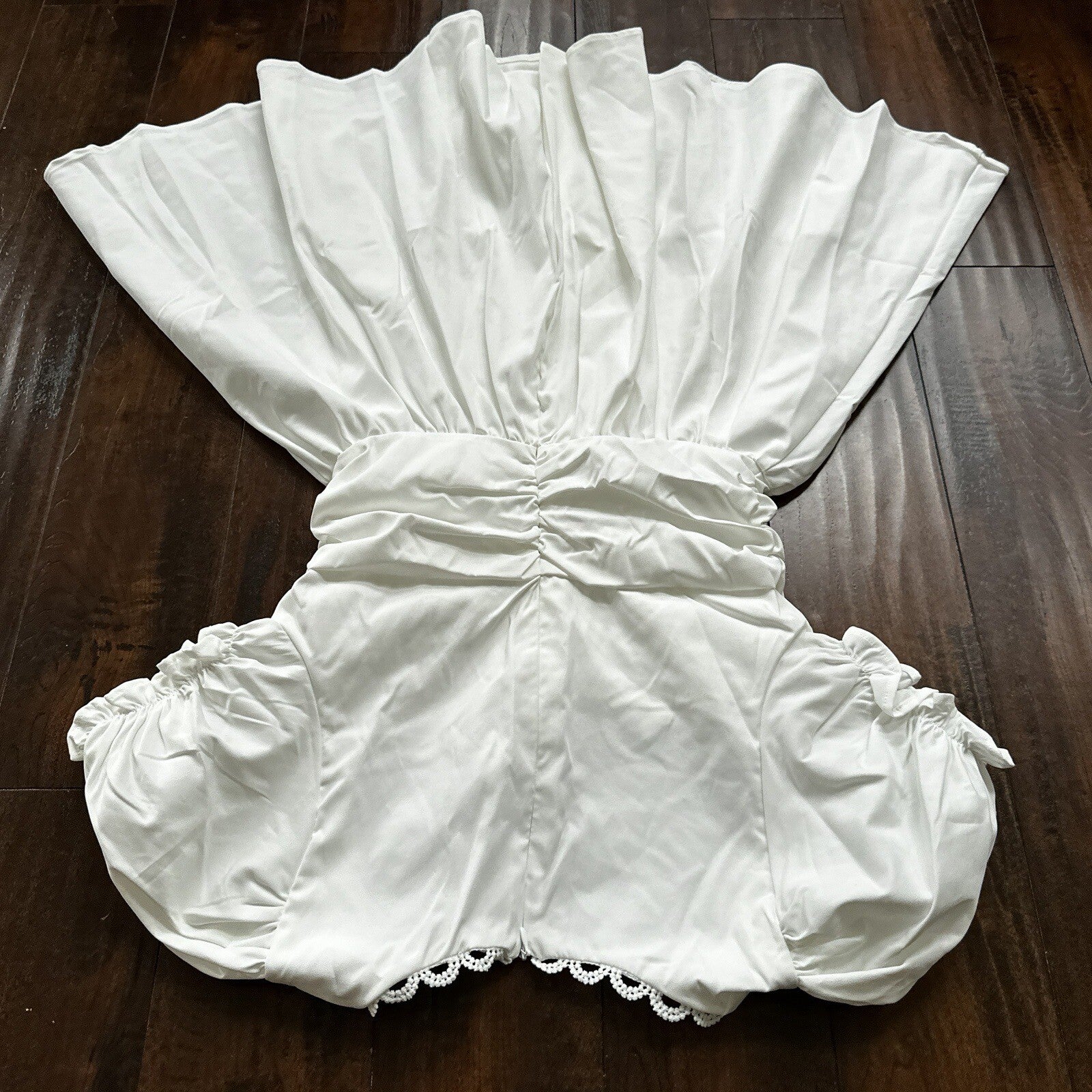 SHEIN MOD Ruched Bust Shirred Back Puff Sleeve Front Dress White Sexy Summer