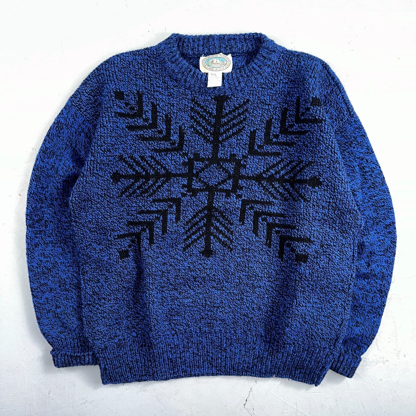 Environmental Clothing Co. VTG 90s Blue Wool Knit Holiday Cottage Sweater L USA
