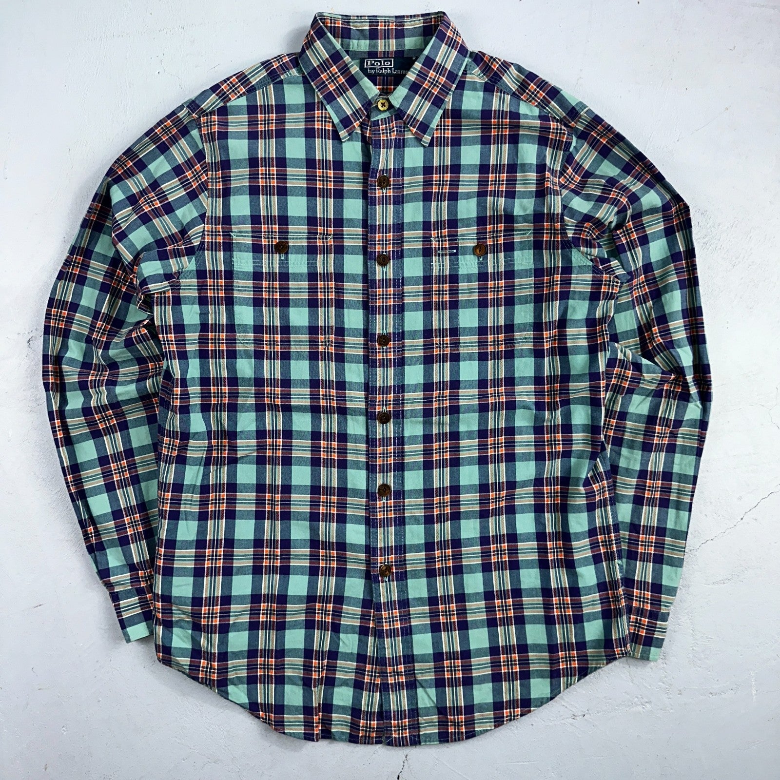 Polo Ralph Lauren Mens Long Sleeve Button Down Shirt Size M Plaid Green Blue