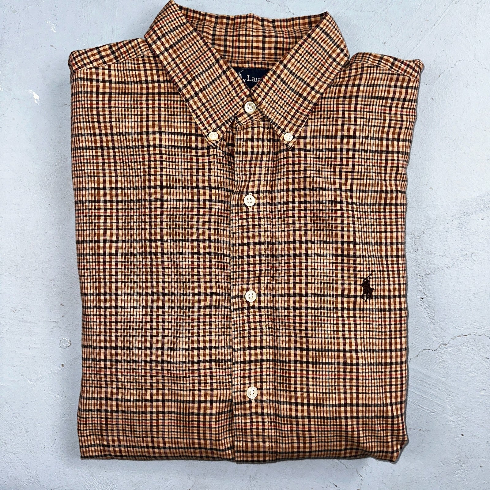 Ralph Lauren Blake 100% Cotton Plaid Shirt Size Large Polo Button Down Brown