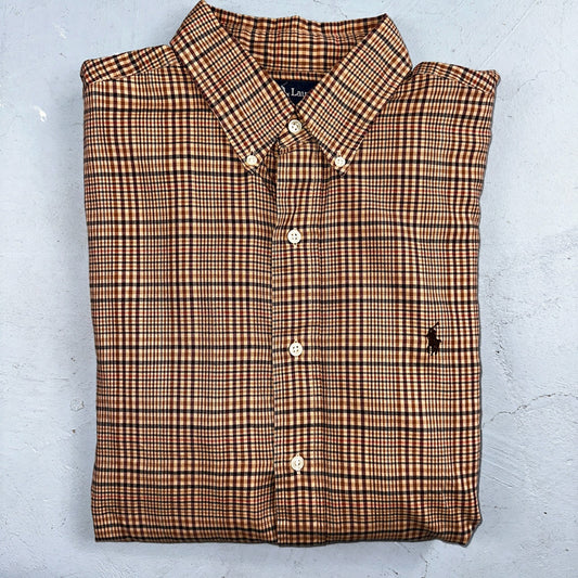 Ralph Lauren Blake 100% Cotton Plaid Shirt Size Large Polo Button Down Brown
