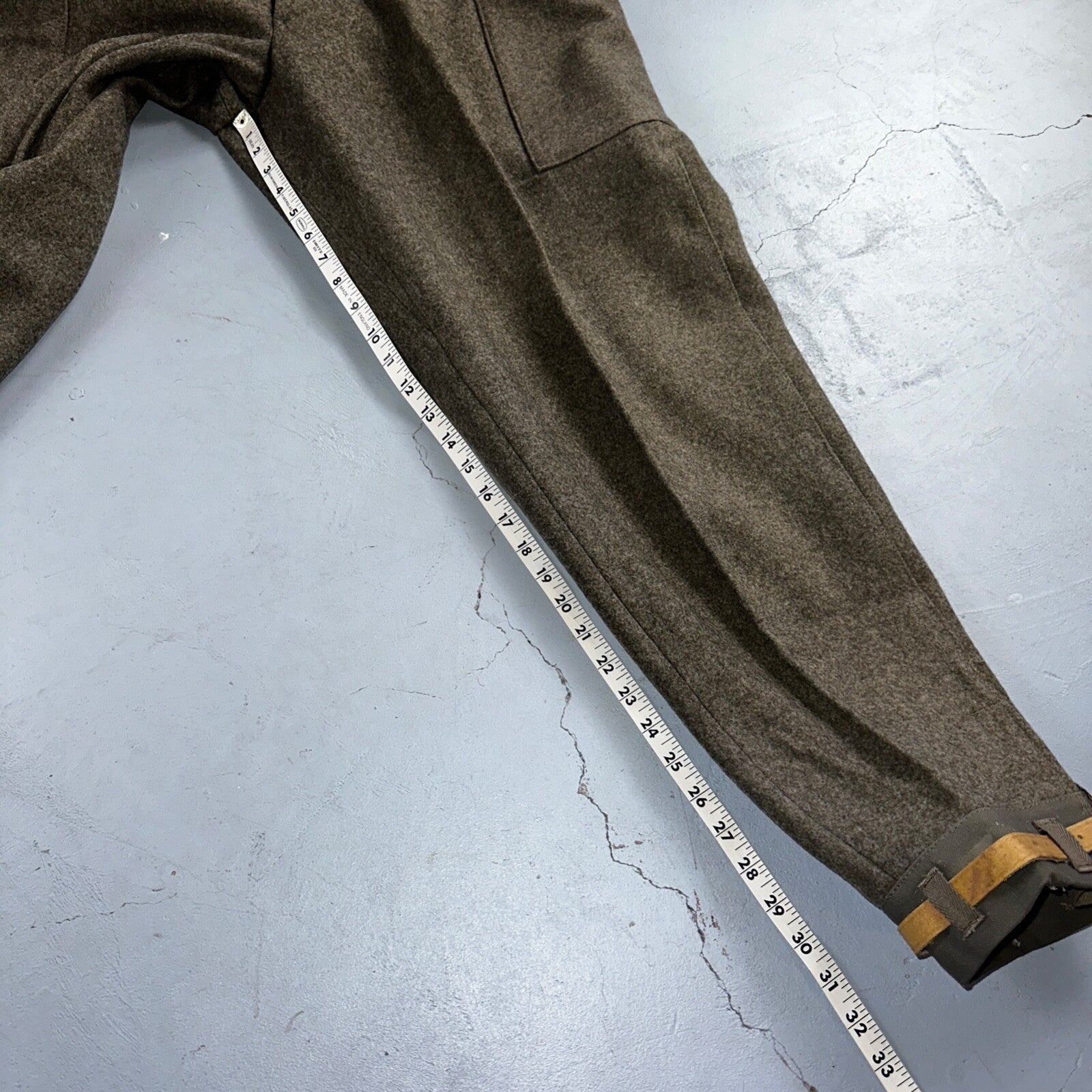 Vintage 1940s Swedish Army Wool Cargo Heavy Pants WWII Leather Straps 35x32