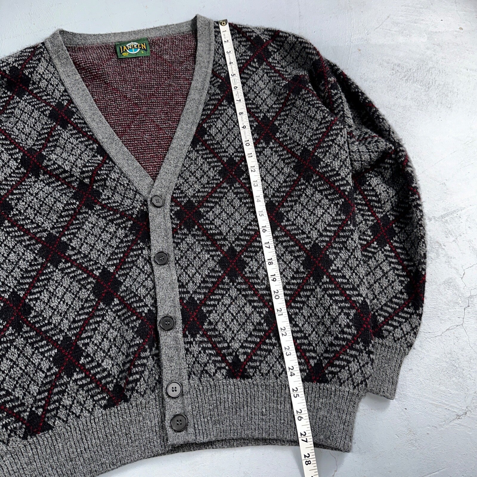 Jantzen VTG Sweater Abstract Cardigan Grandpa Argyle Knit Mens Large V Neck