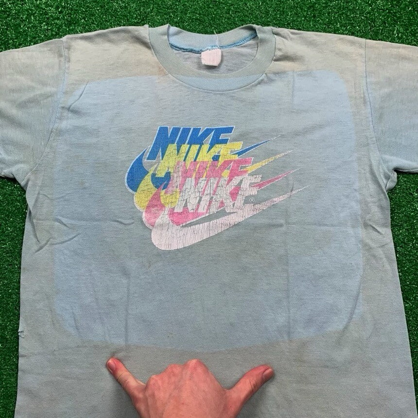 Nike Vintage T Shirt USA 70s 80s Quad Swoosh Block Print Running Oregon Geisha