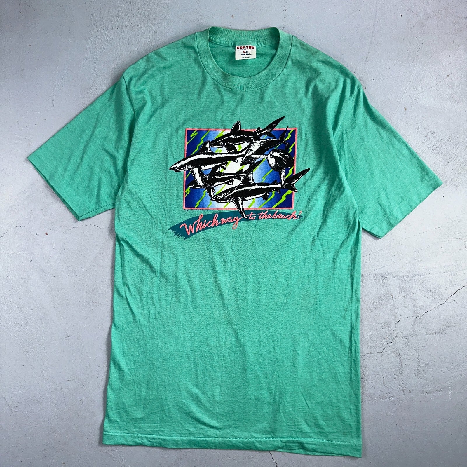 Sharks Great White 80s VTG T Shirt Single Stitch Which Way Beach Funny Art Graph