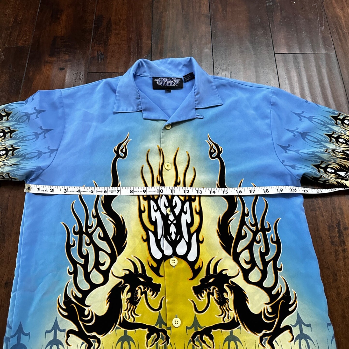 VTG Y2K Silver Point Blue Tribal Button Down Shirt Size L 1980s Ricky Trailer