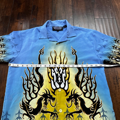 VTG Y2K Silver Point Blue Tribal Button Down Shirt Size L 1980s Ricky Trailer