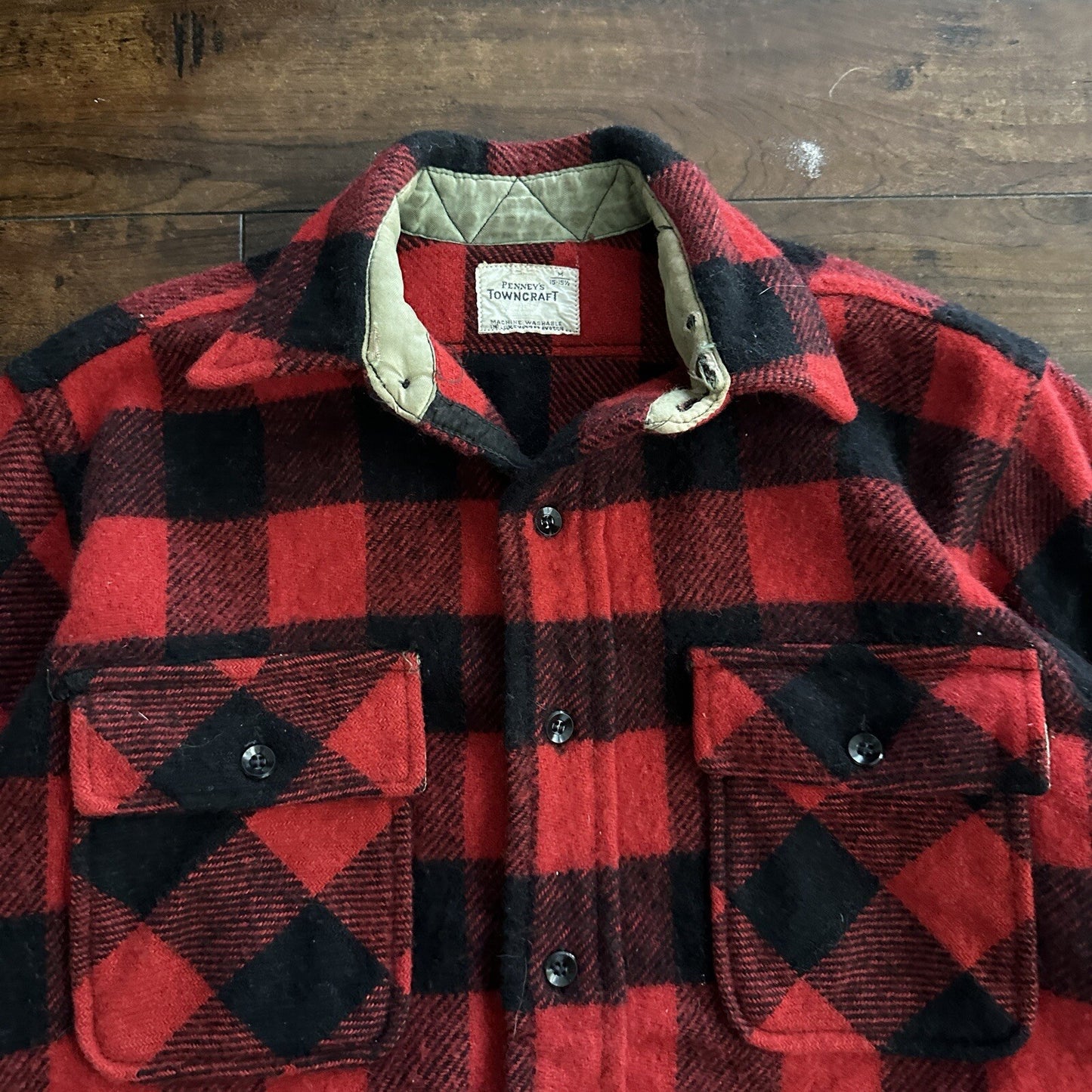 Vintage Penneys Towncraft Red Black Plaid Flannel Shirt Sz M Checker 60s 70s