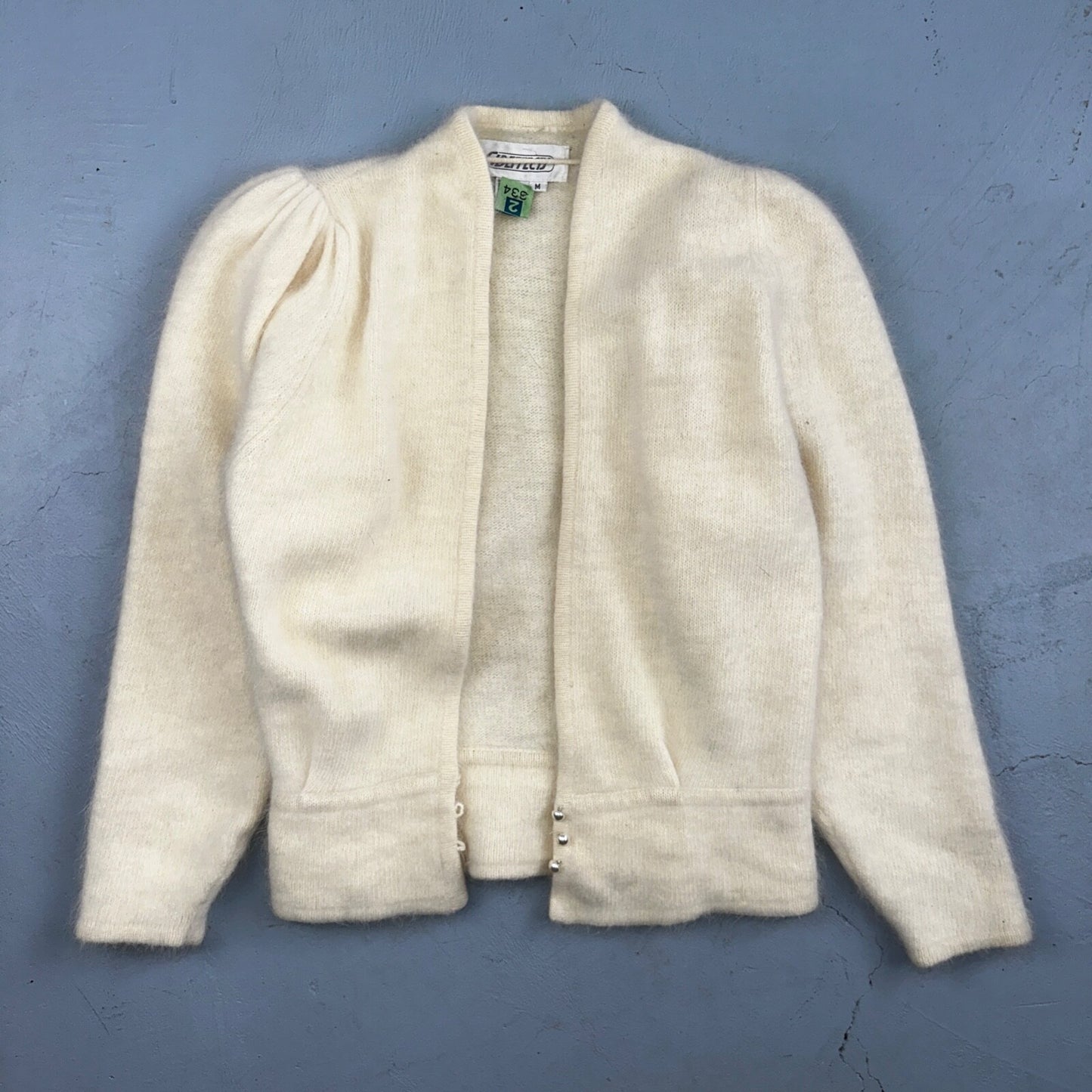 Sideffects Vtg Sweater Size M Cardigan Button Open Front Shag Loop Knit White