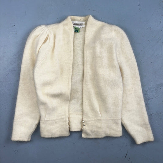Sideffects Vtg Sweater Size M Cardigan Button Open Front Shag Loop Knit White