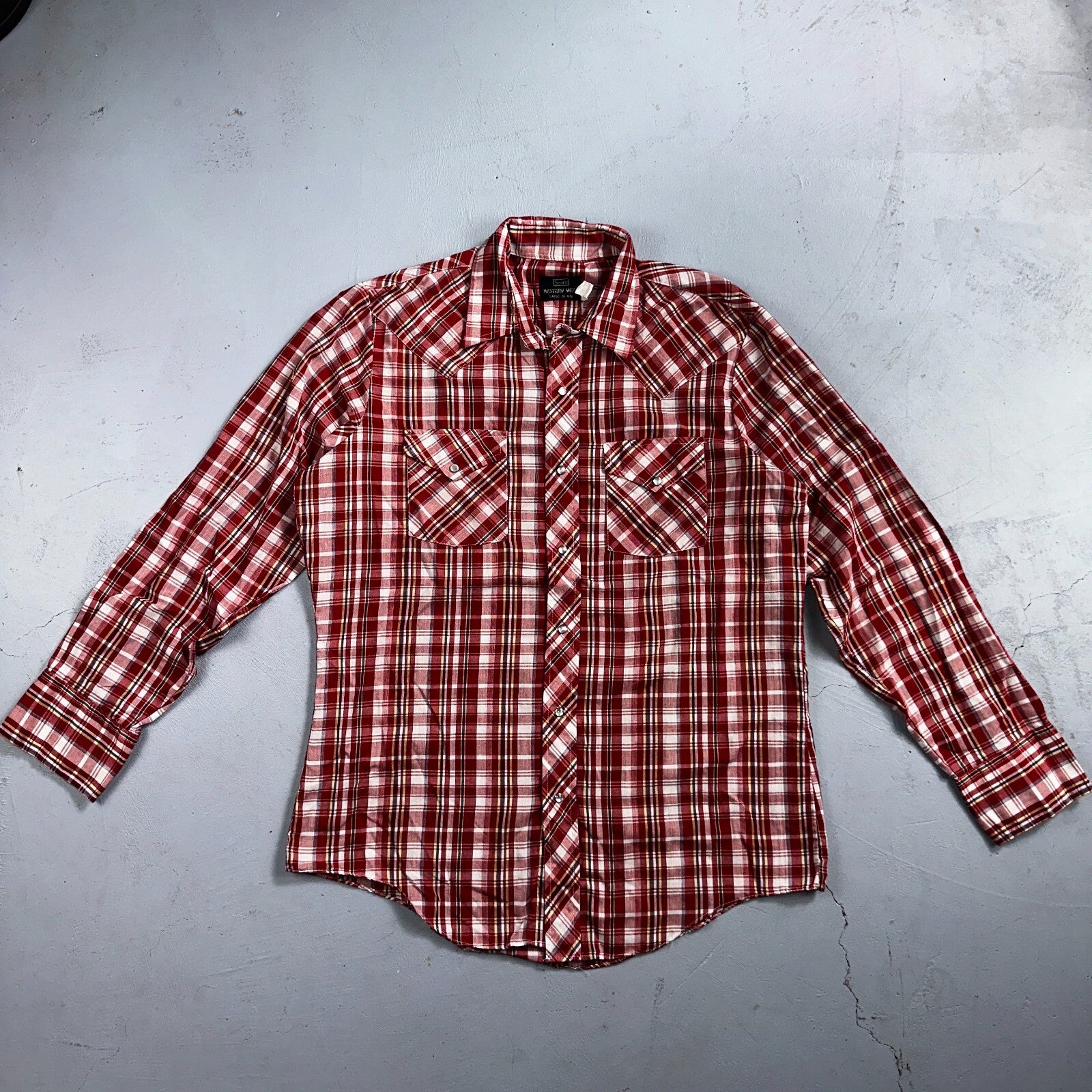 Sears VTG Western Wear L Plaid Ranch Rodeo Shirt Jacket Pearl Snap Red 16