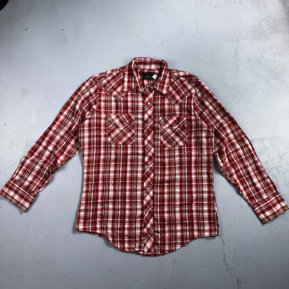 Sears VTG Western Wear L Plaid Ranch Rodeo Shirt Jacket Pearl Snap Red 16