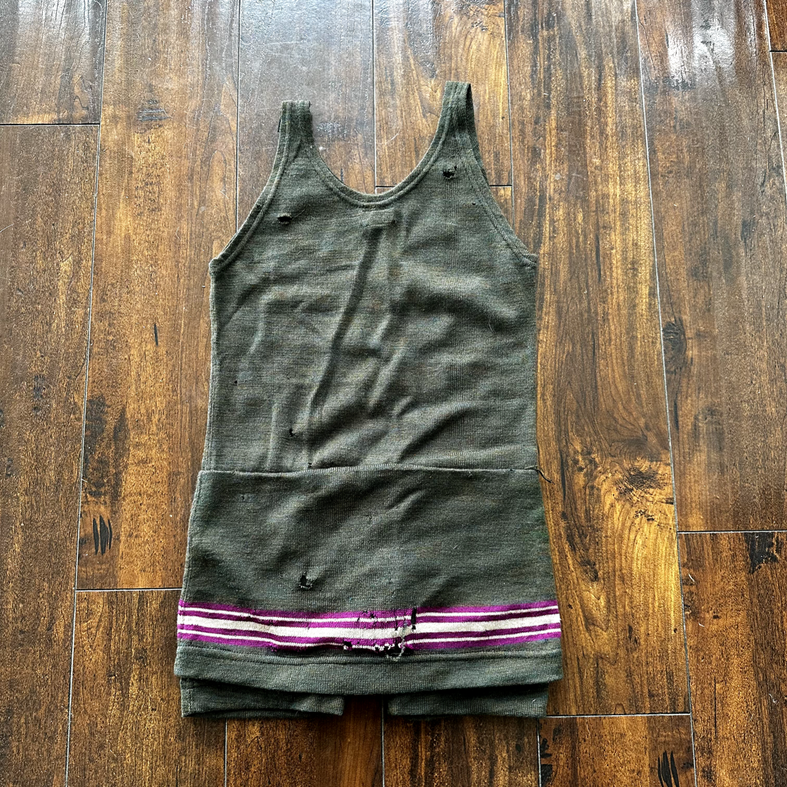 Antique 1920s Green Stripe Wool Bathing Suit Women Swimsuit Art Deco 20s 30s