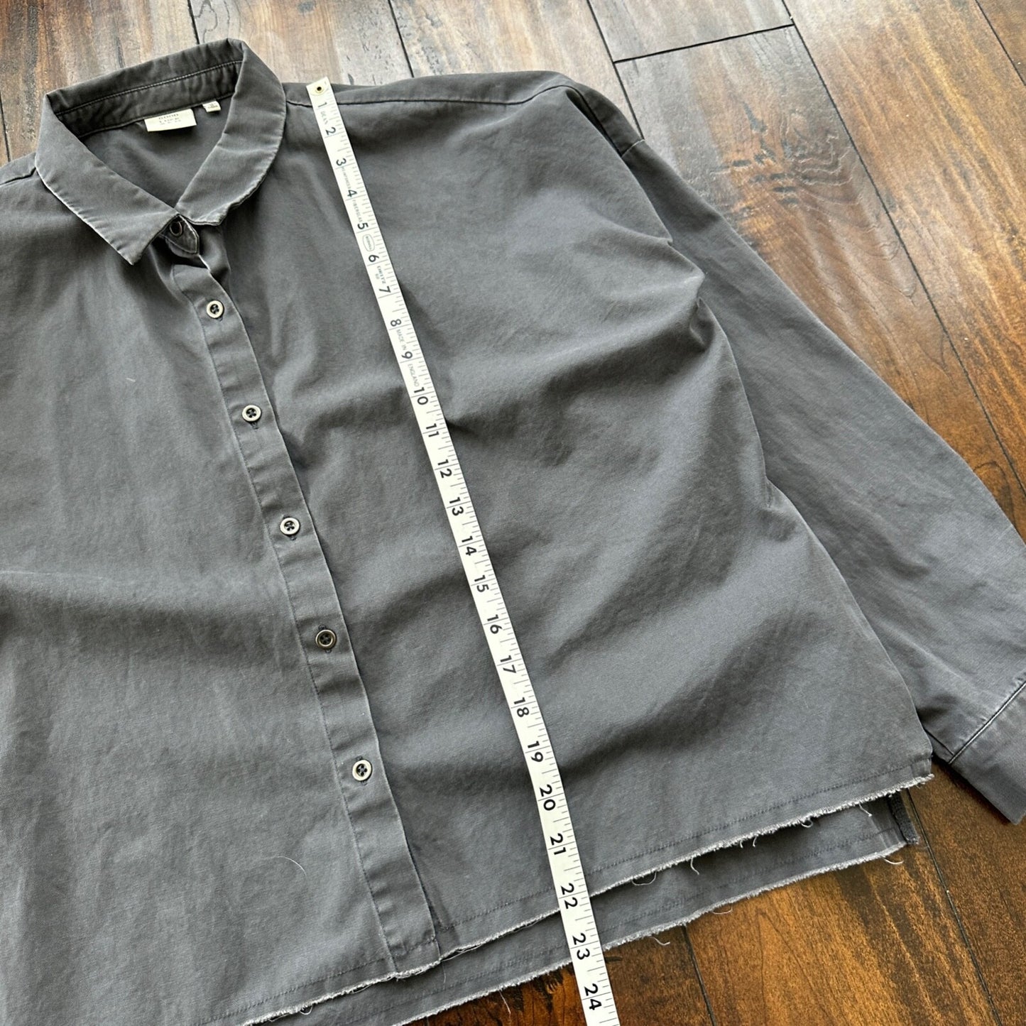 Good Luck Gem Dark Grey Boxy Cotton Button Up Shirt Raw Edge Hem Lightweight