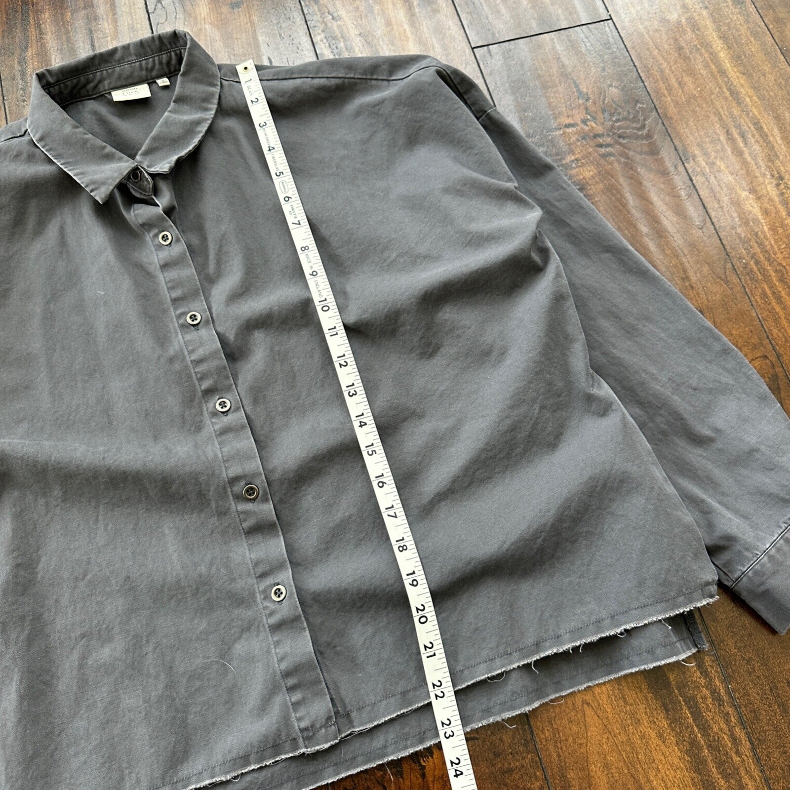 Good Luck Gem Dark Grey Boxy Cotton Button Up Shirt Raw Edge Hem Lightweight