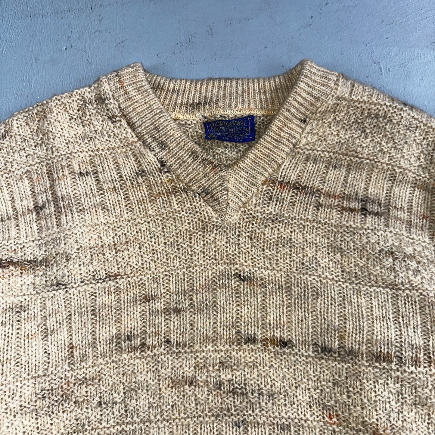 Pendleton VTG Womens V Neck Pullover Wool Sweater Ivory 1970s 70s L Fisherman