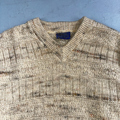 Pendleton VTG Womens V Neck Pullover Wool Sweater Ivory 1970s 70s L Fisherman