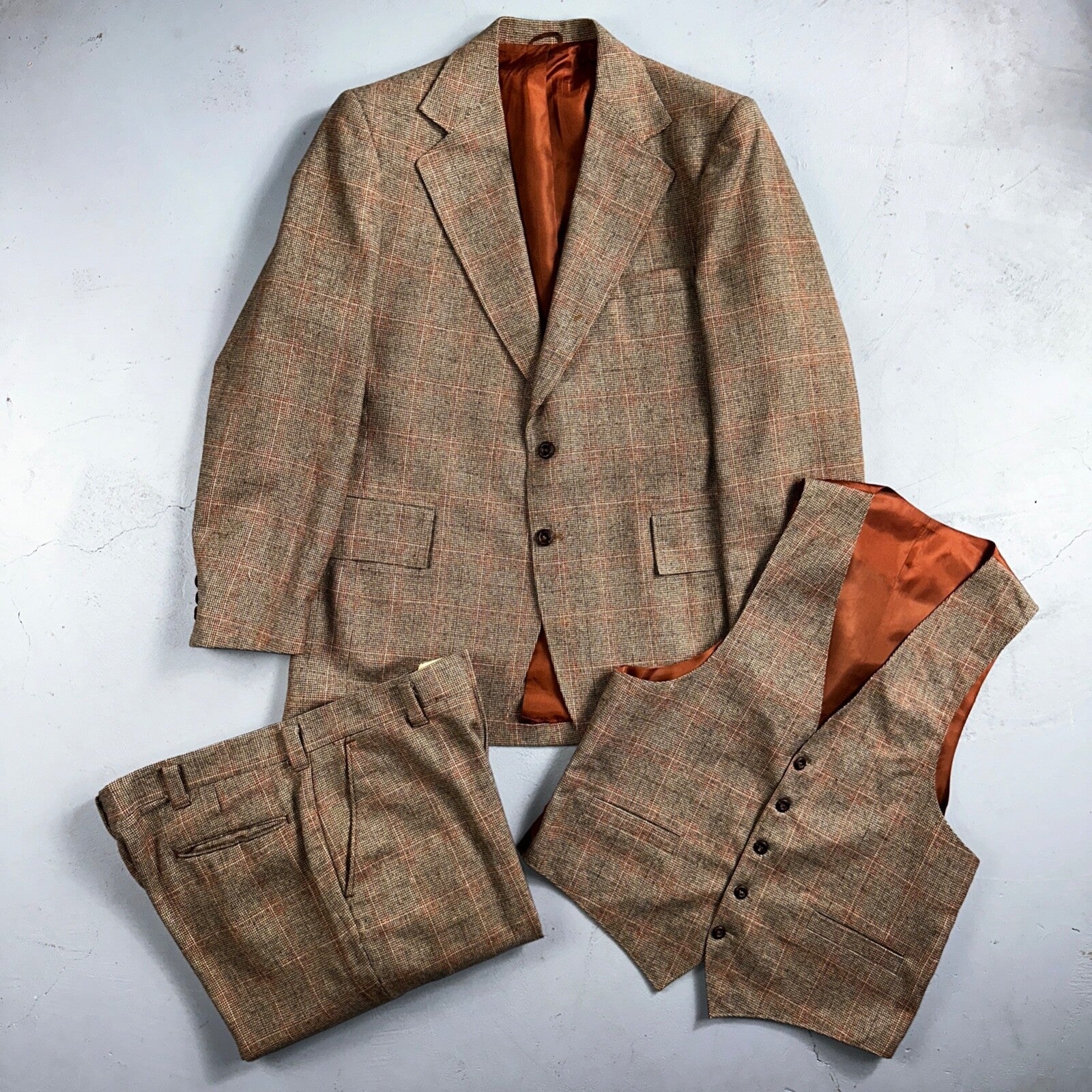 VTG Mens 3 PC Suit 42 Jacket Coat Pants Vest Plaid Rockabilly 70s 1970s Brown