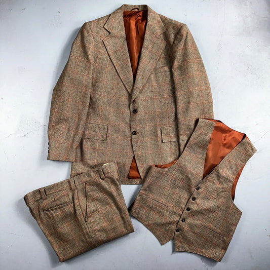 VTG Mens 3 PC Suit 42 Jacket Coat Pants Vest Plaid Rockabilly 70s 1970s Brown