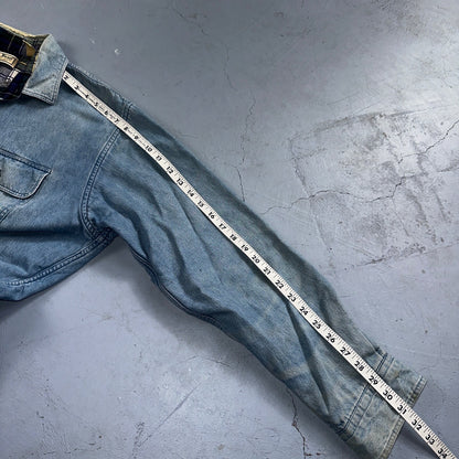 VTG USA Made LL Bean Flannel Lined Worn Distressed Denim Shirt Size L Farm Core