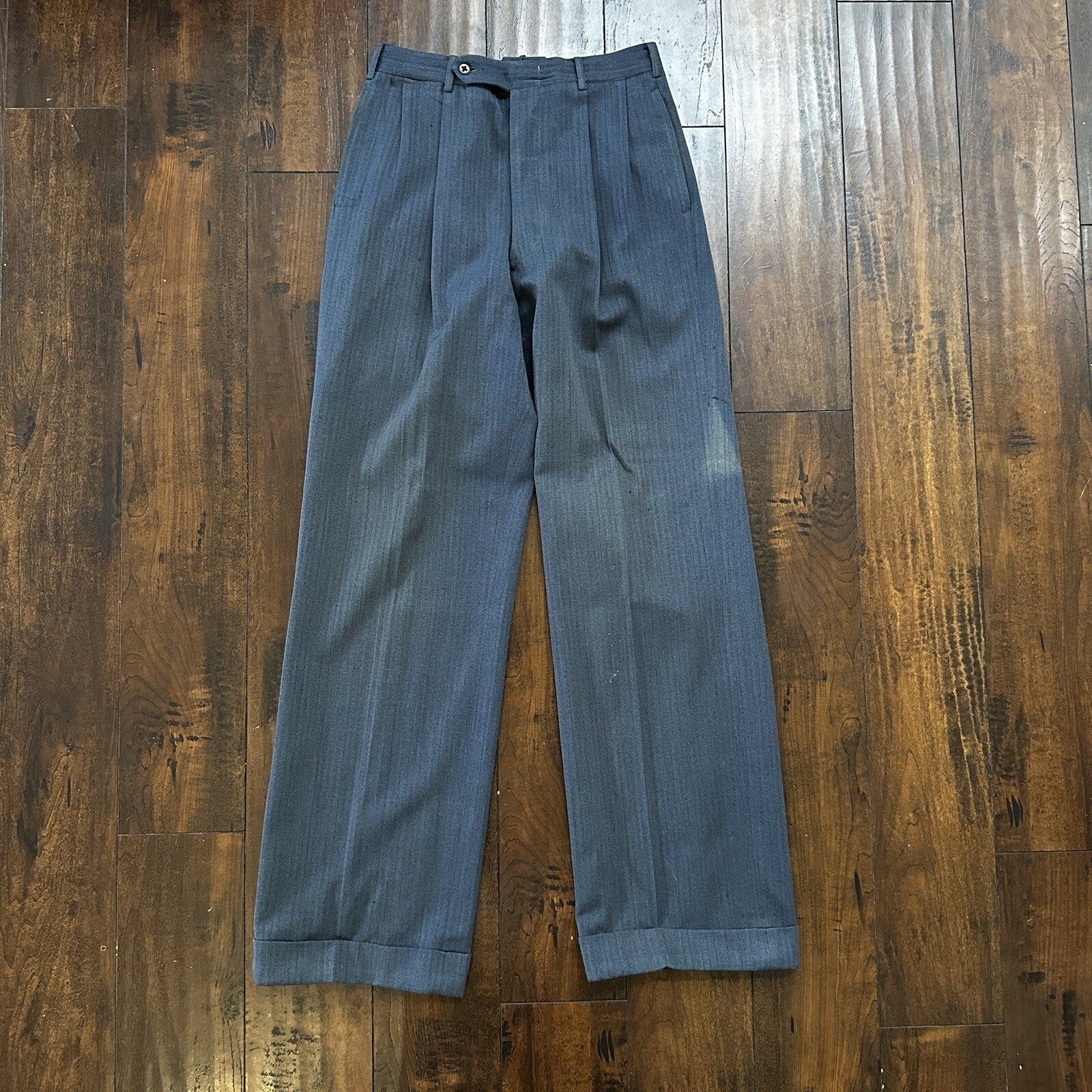 30s 40s 3 pc Pinstripe Blue Double Breasted Suit Belt Back Wool 34 26x31 Faded