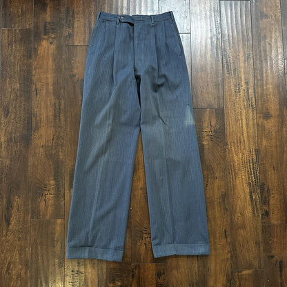 30s 40s 3 pc Pinstripe Blue Double Breasted Suit Belt Back Wool 34 26x31 Faded