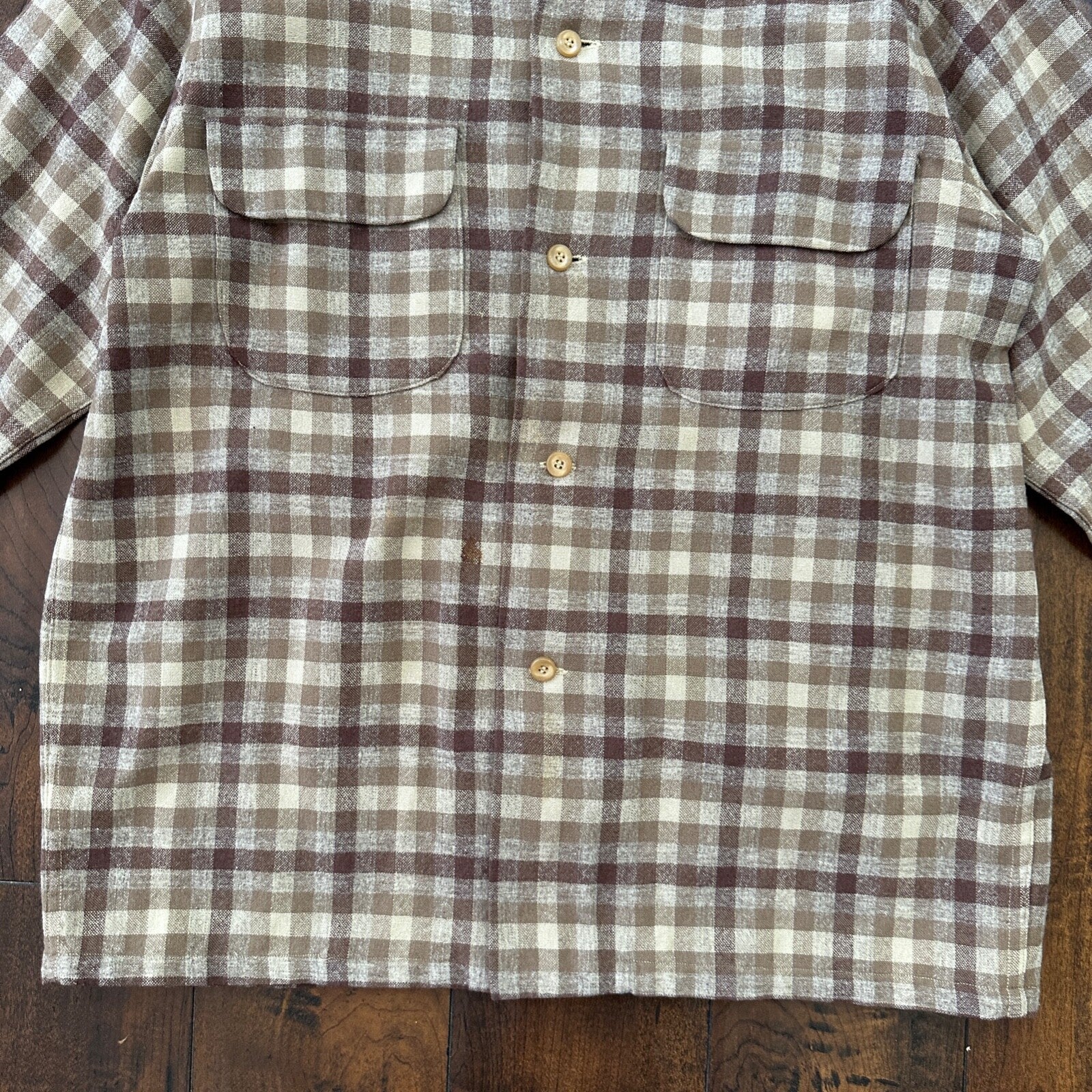 VTG 1950s Pendleton Board Shirt Loop Virgin Wool Plaid Flannel Shirt 50s Brown