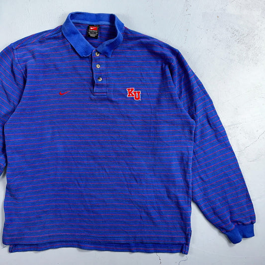 Nike VTG 90s Kansas University Polo T Shirt L Team Long Sleeve Striped Jayhawks