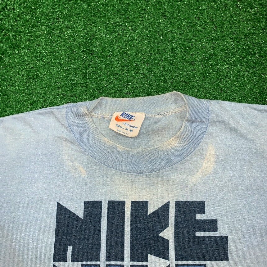 Vintage Nike T Shirt USA Rare Thrashed Blue Travis Block Print Quad Pinwheel 70s