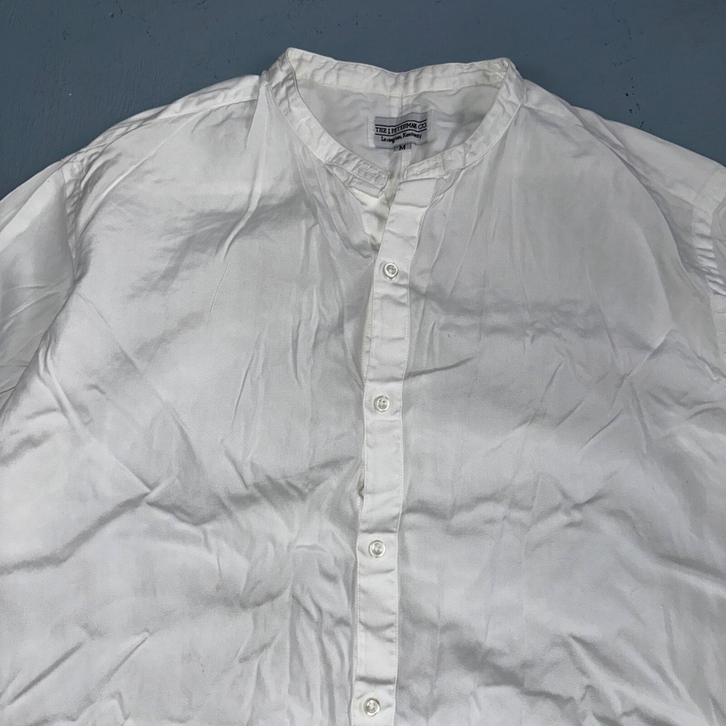 Vintage J Peterman Poet Shirt Men M White Popover Button Down Shirt Collar Less