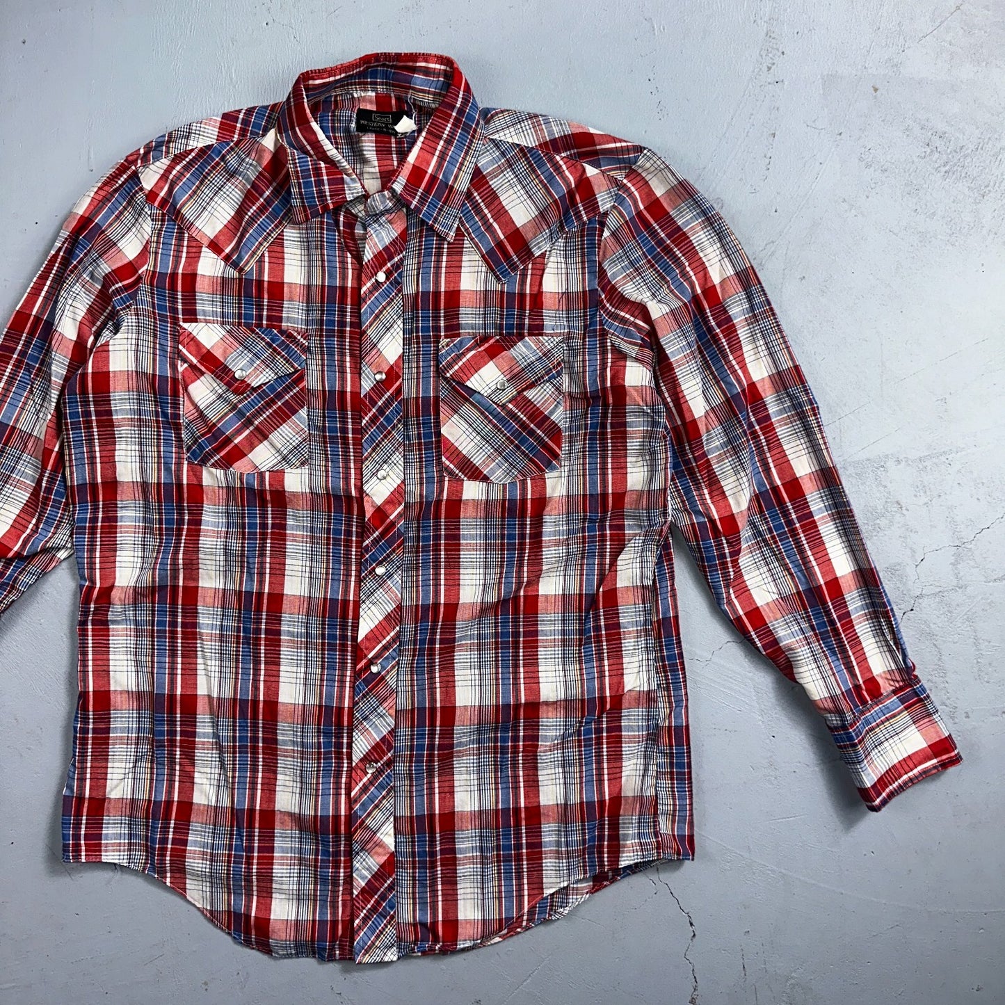 Sears VTG Western Wear L Plaid Ranch Rodeo Shirt Jacket Pearl Snap Red 16