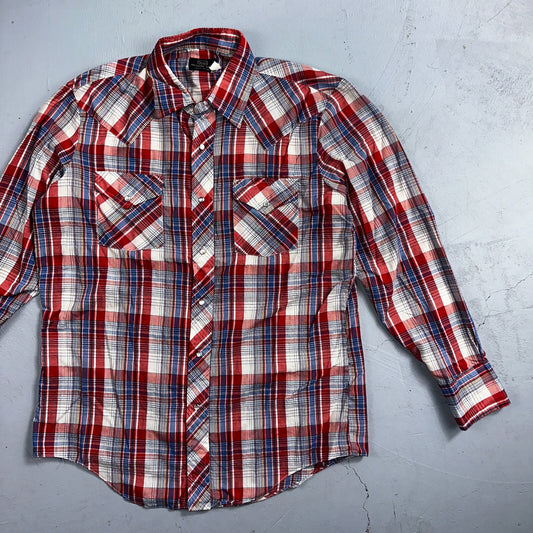 Sears VTG Western Wear L Plaid Ranch Rodeo Shirt Jacket Pearl Snap Red 16