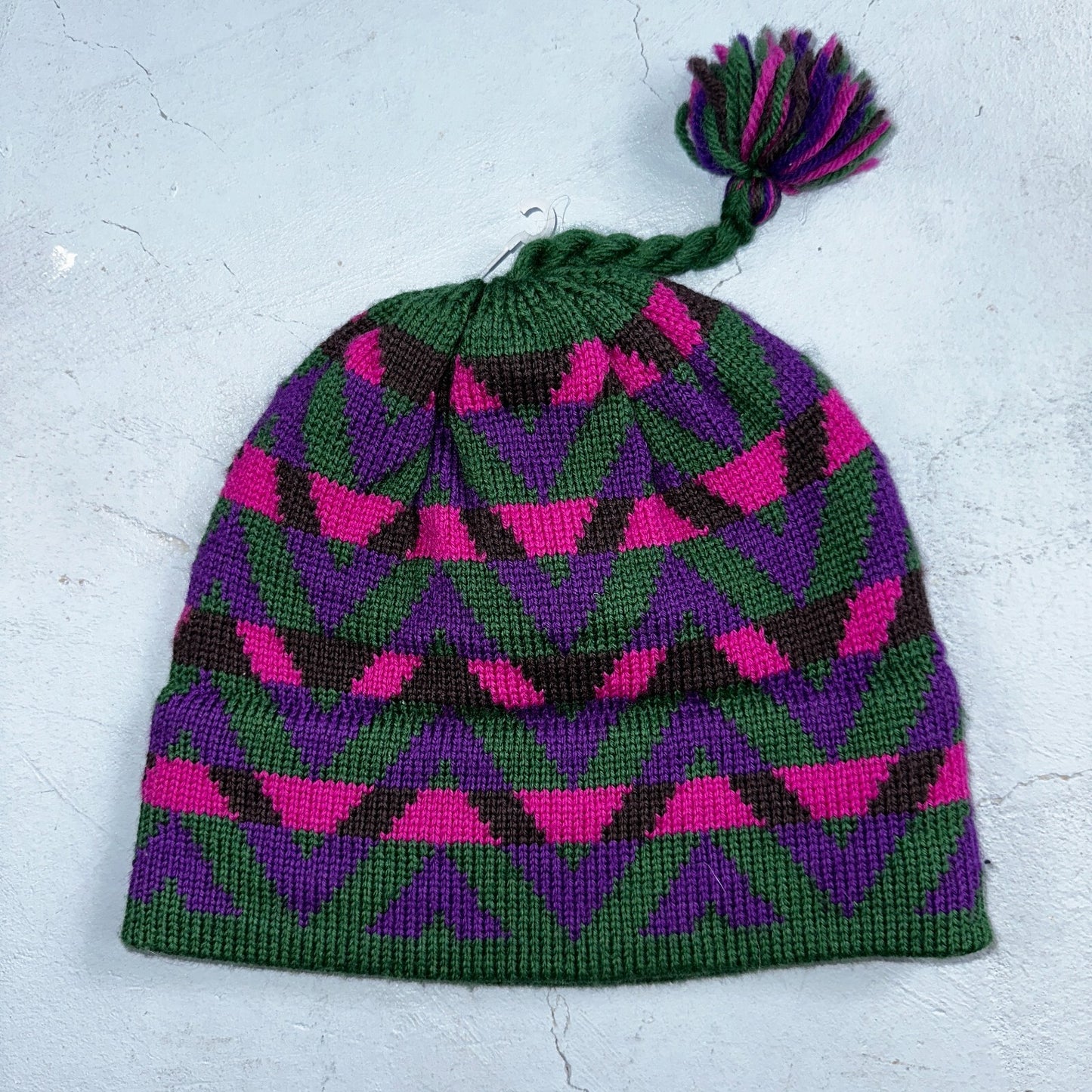 Vintage Mountain Ladies & Ewe Wool Pink Blue Knit Ski Hat Cap One Size Tassels