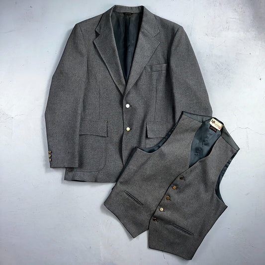 VTG Mens 2 PC Suit 44L Jacket Coat Vest Gray Levis Panatela Wool 80s