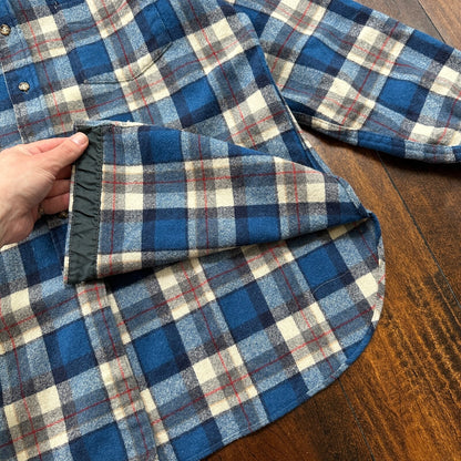 PENDLETON VTG LODGE WOOL FLANNEL L/S SHIRT 80s 70s USA Plaid sz L Shirt