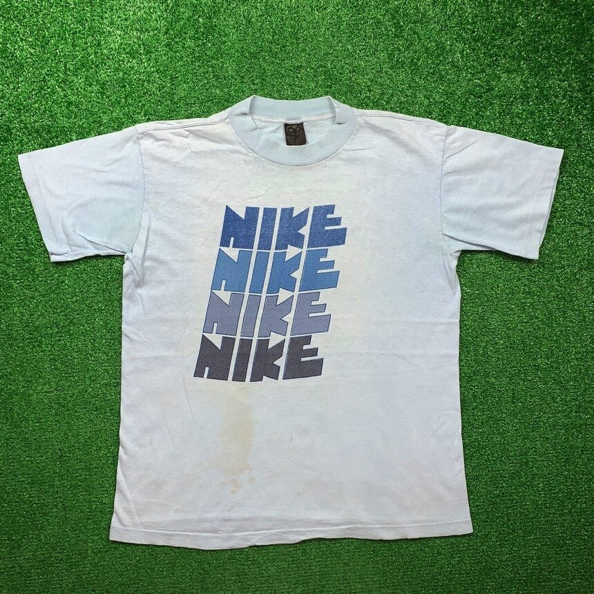 70s Quad Block Print Vintage Nike T Shirt USA Rare Single Stitch Pinwheel Anvil